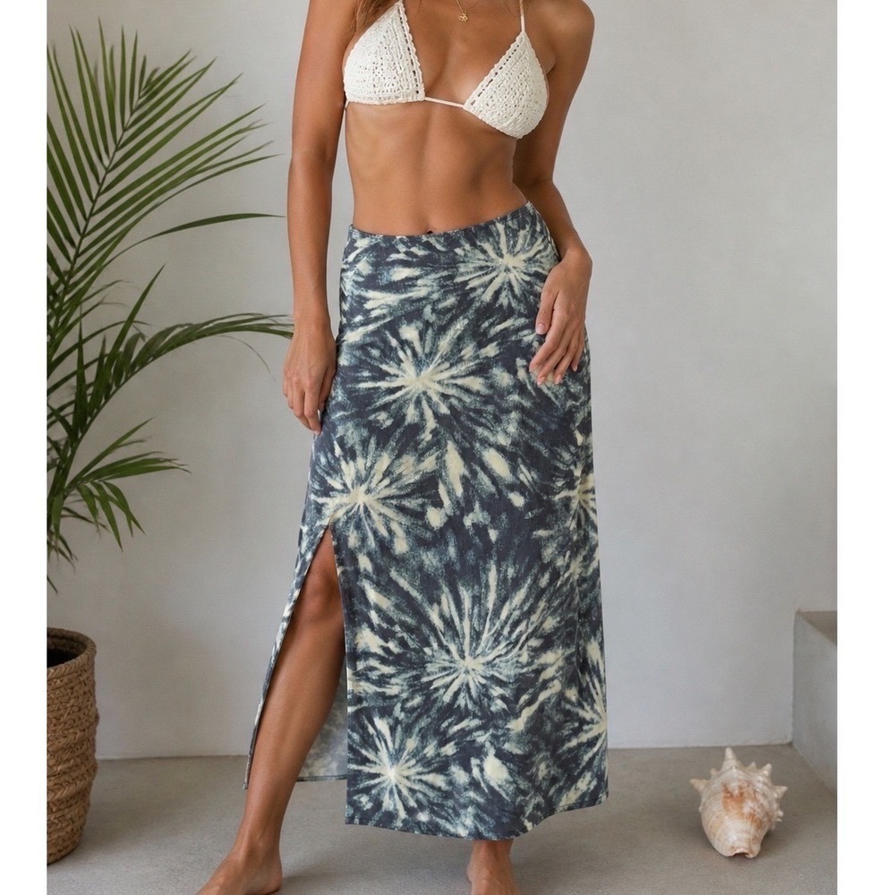 No Boundaries Maxi Skirt Tie Dye Side Slit Gray Cream Size M 7-9‎ Casual Beach